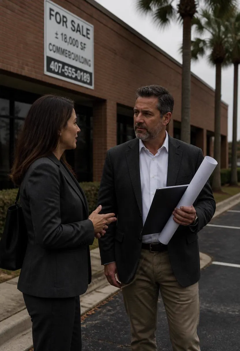 Two business people discussing a commercial building purchase outside the property