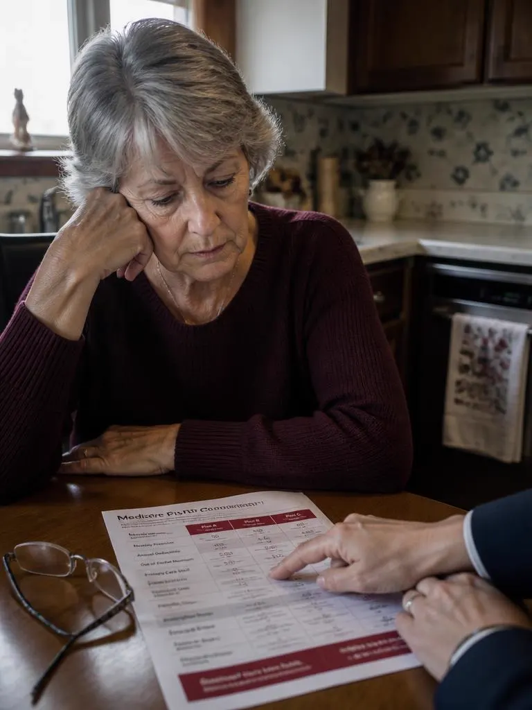 Retiree at her kitchen table reviewing a printed Medicare plan comparison with an advisor