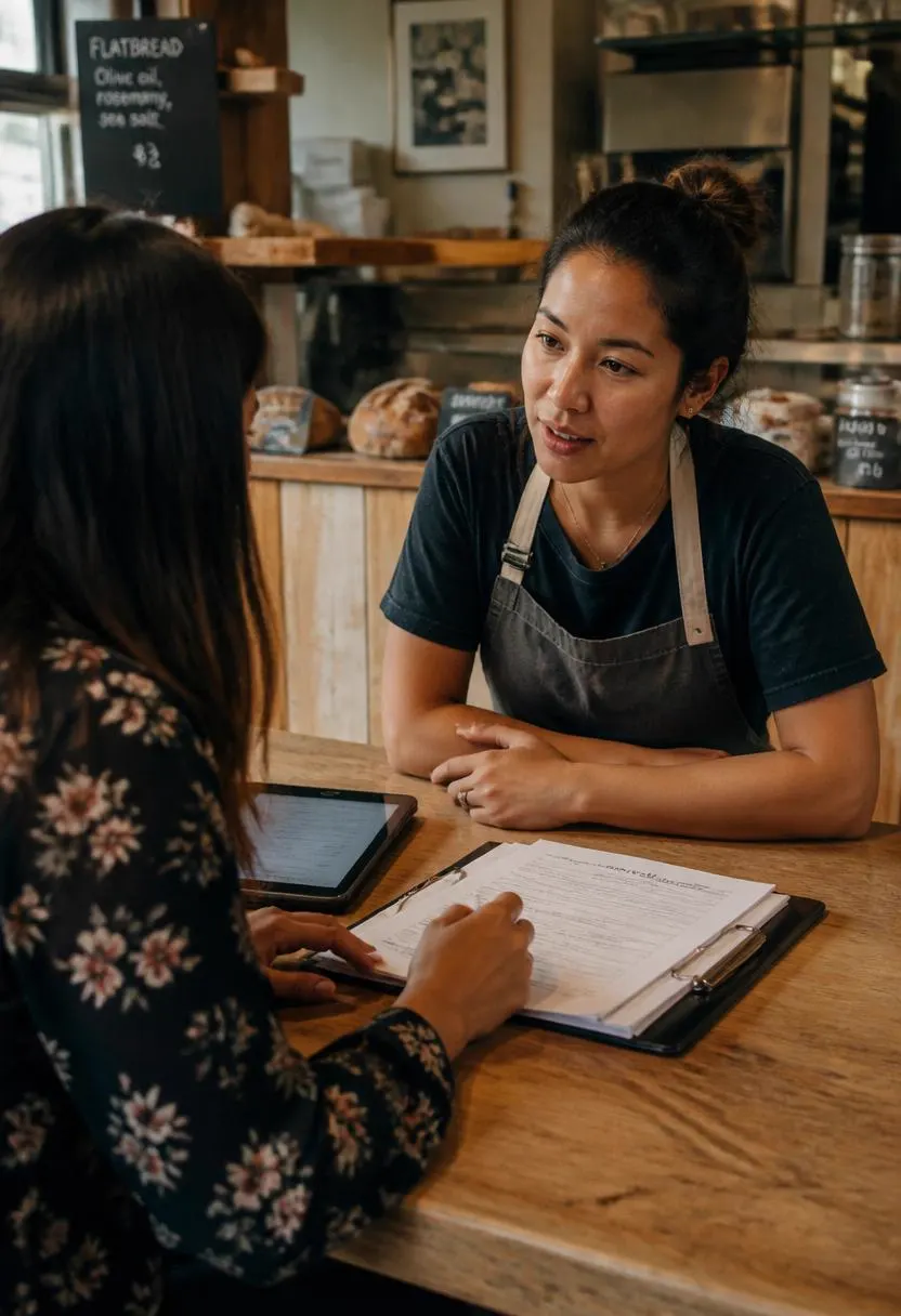 A bakery owner discussing SBA financing paperwork with a lender at the counter
