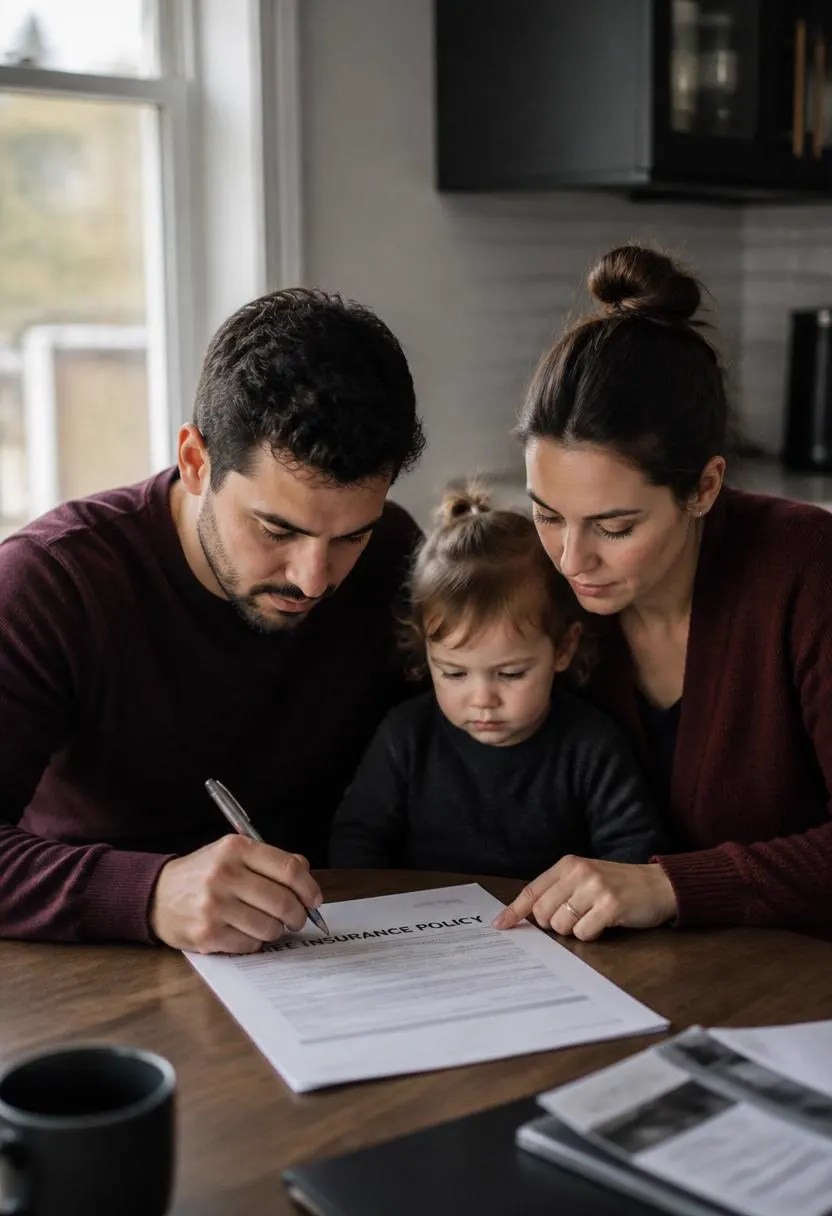 A young family reviewing a life insurance policy together at their kitchen table