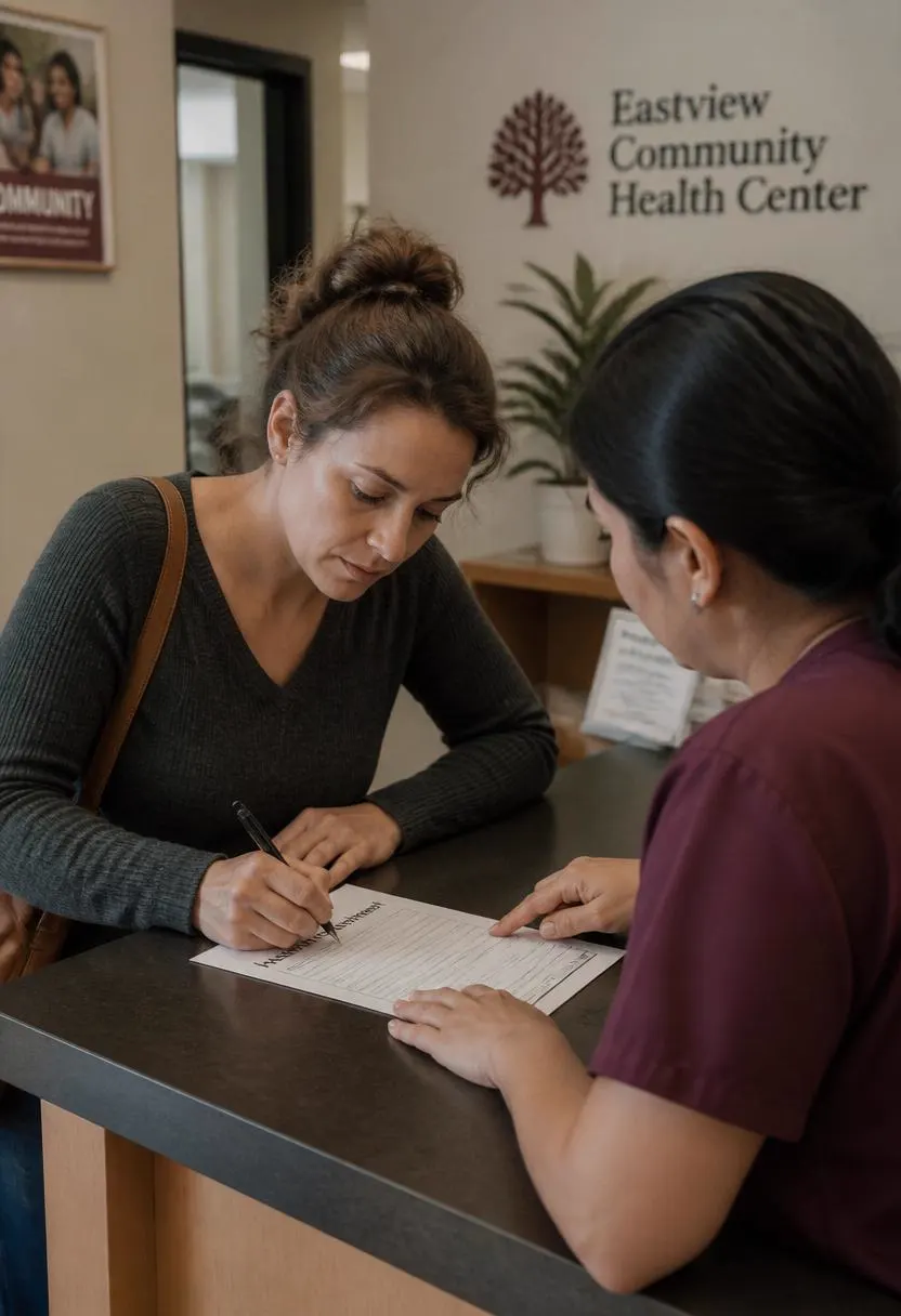 A woman completing a health insurance enrollment form at a community clinic desk