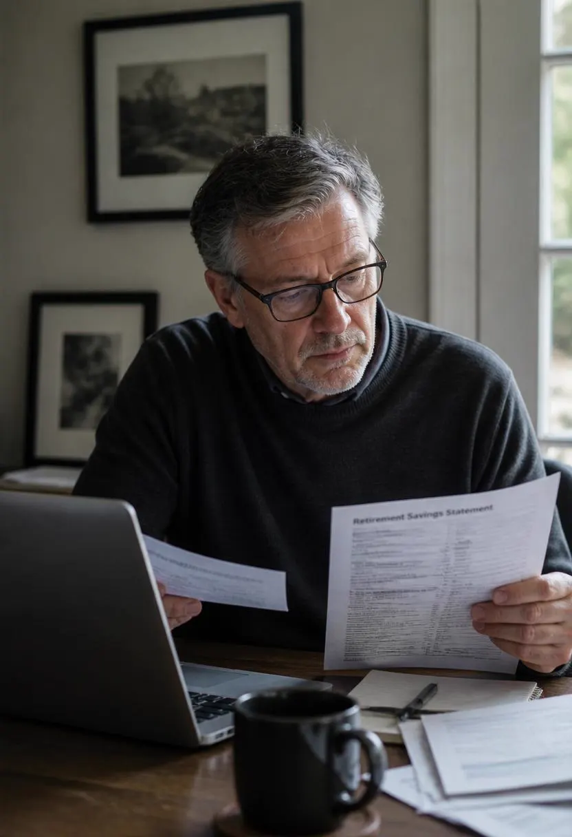 A man in his fifties reviewing retirement savings statements in his home office