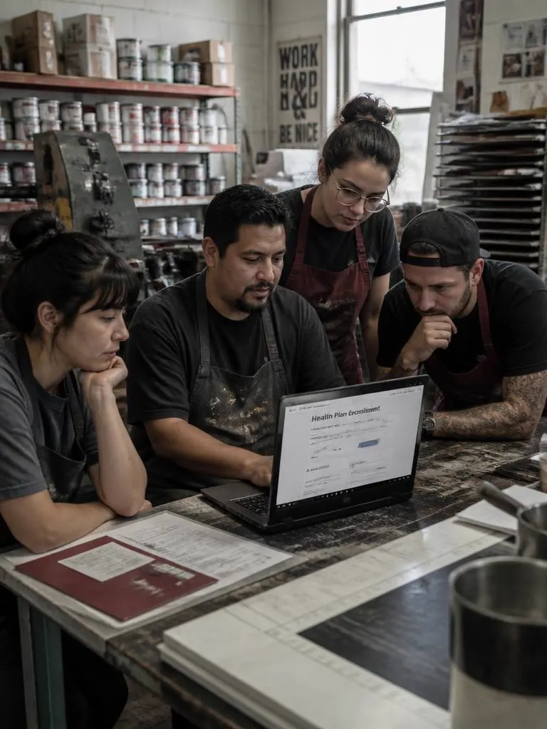 Small print shop team reviewing a health plan enrollment page on a laptop