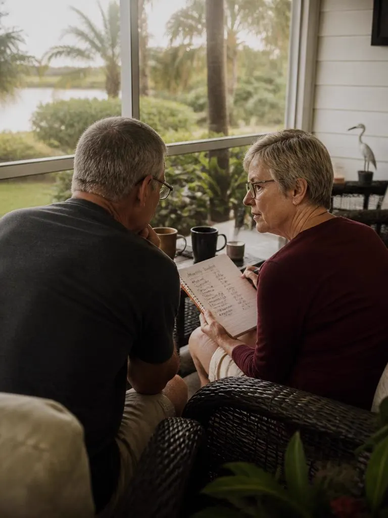 Retired couple on a Florida porch going over a handwritten monthly budget