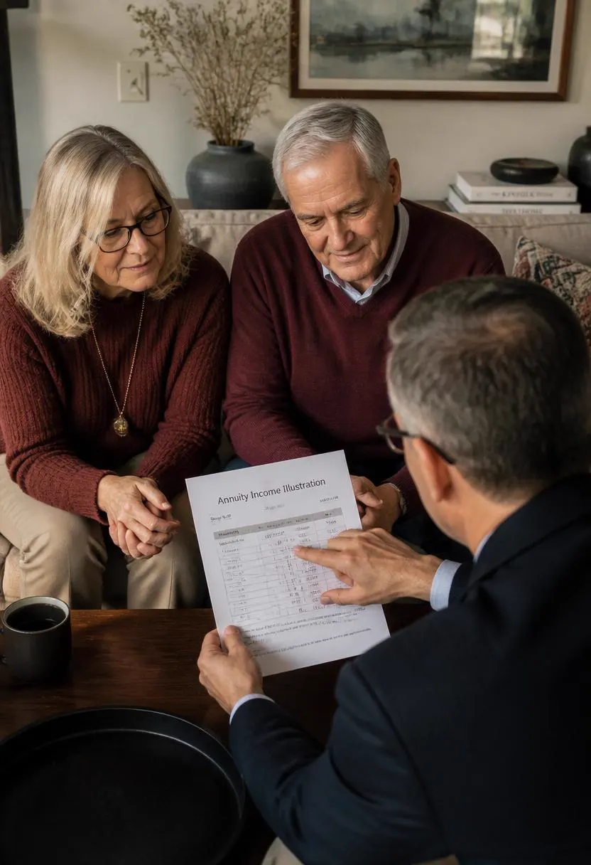 A couple reviewing an annuity income illustration with their advisor