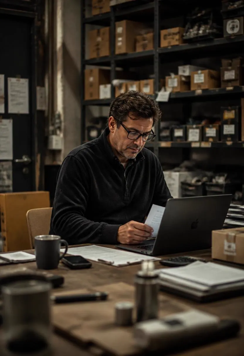A workshop owner reviewing invoices and cash flow at a desk in his warehouse