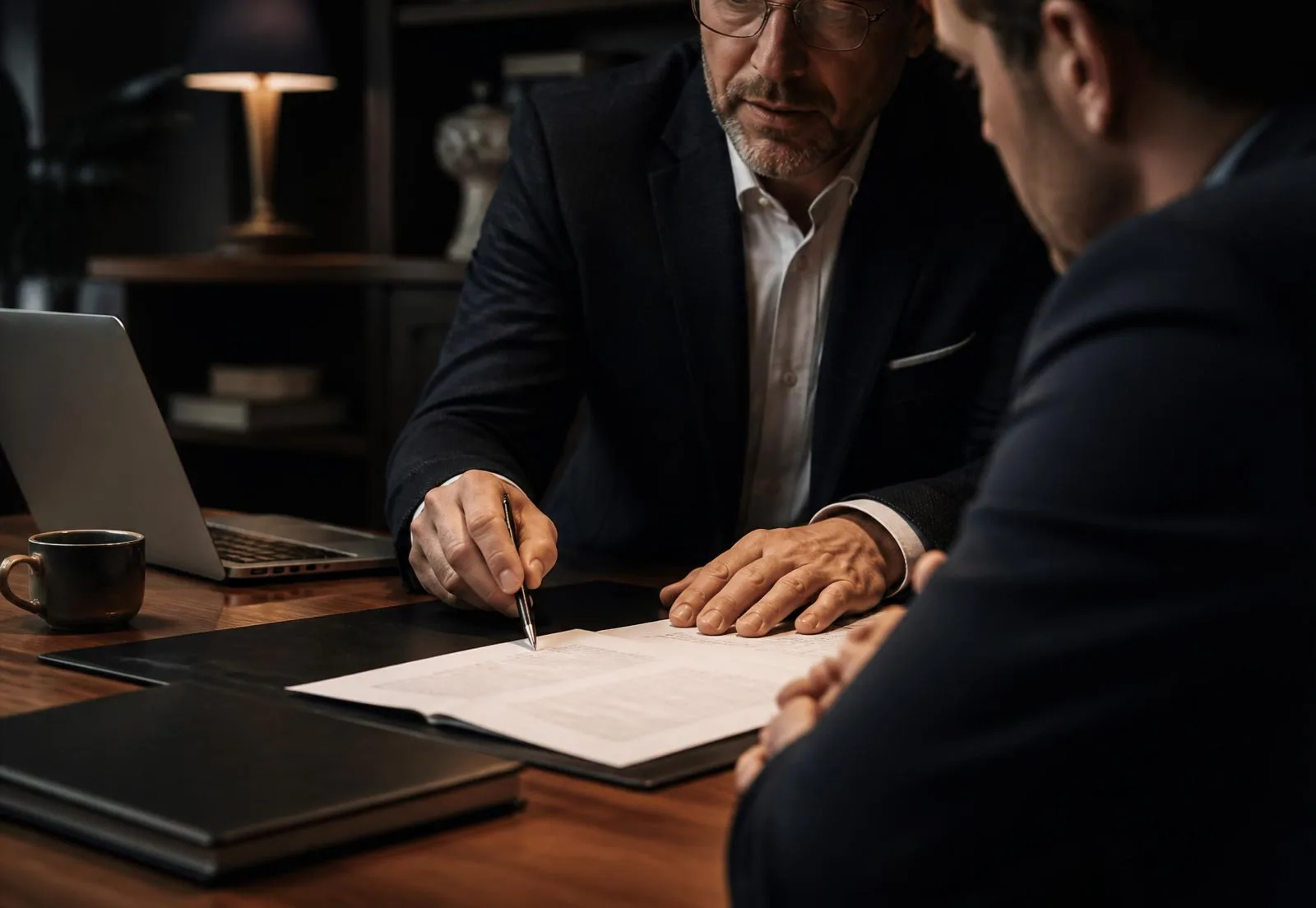 Financial advisor reviewing a policy document with a client across a desk