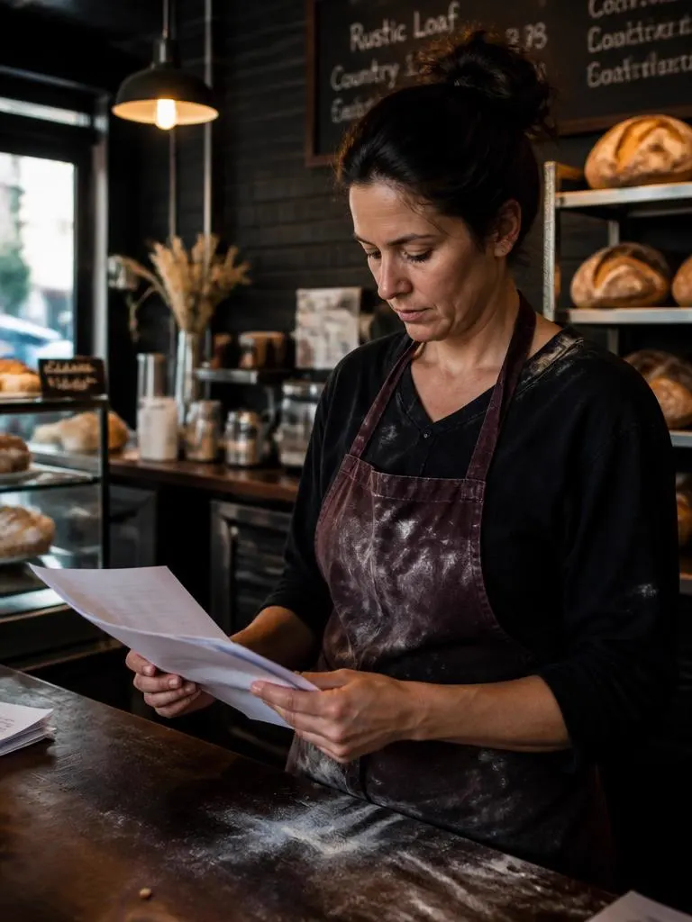 Bakery owner in a flour dusted apron reading loan paperwork at her counter