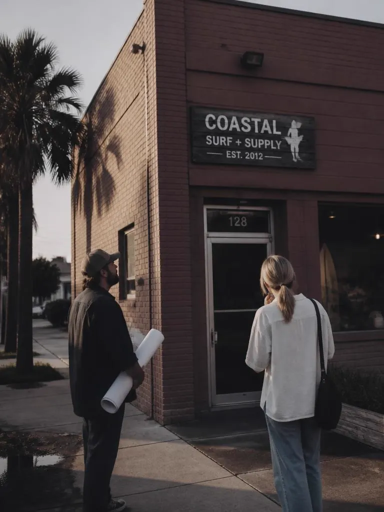 Two people outside a small brick commercial building holding rolled floor plans