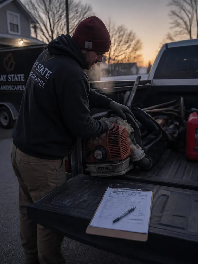 Landscaping contractor loading equipment at dawn with an invoice clipboard on the tailgate