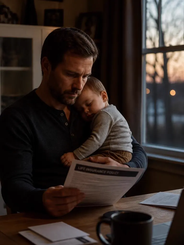 Father holding a sleeping child while reading a life insurance policy at home