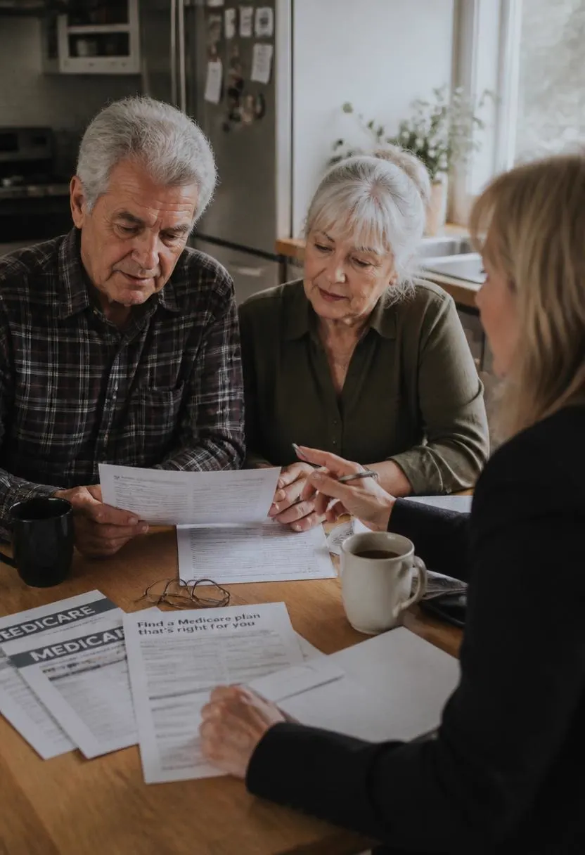 A retired couple comparing Medicare plan documents with an advisor at home